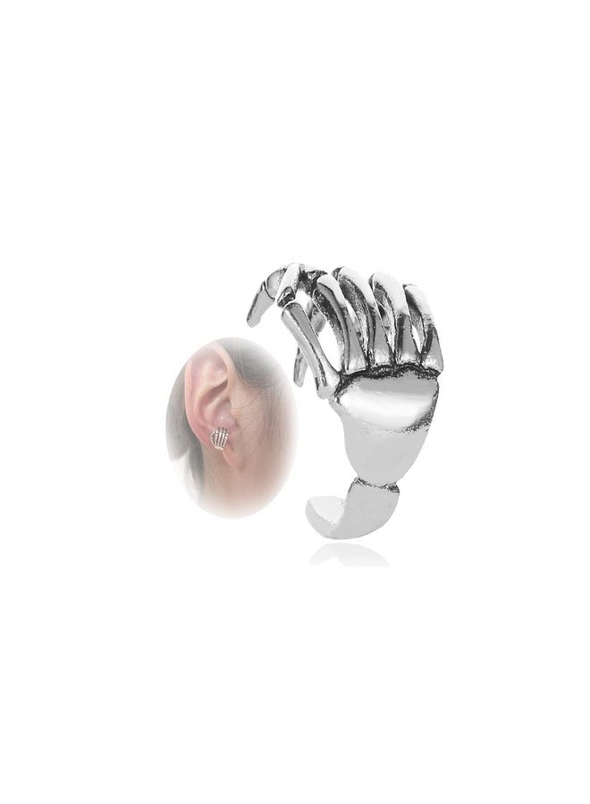 DOLLESS Halloween Skeleton Hand Ear Cuffs Gothic Skull Finger Ear Cuffs Clip Earrings for Women Halloween Theme Party (Silver) - Image 4